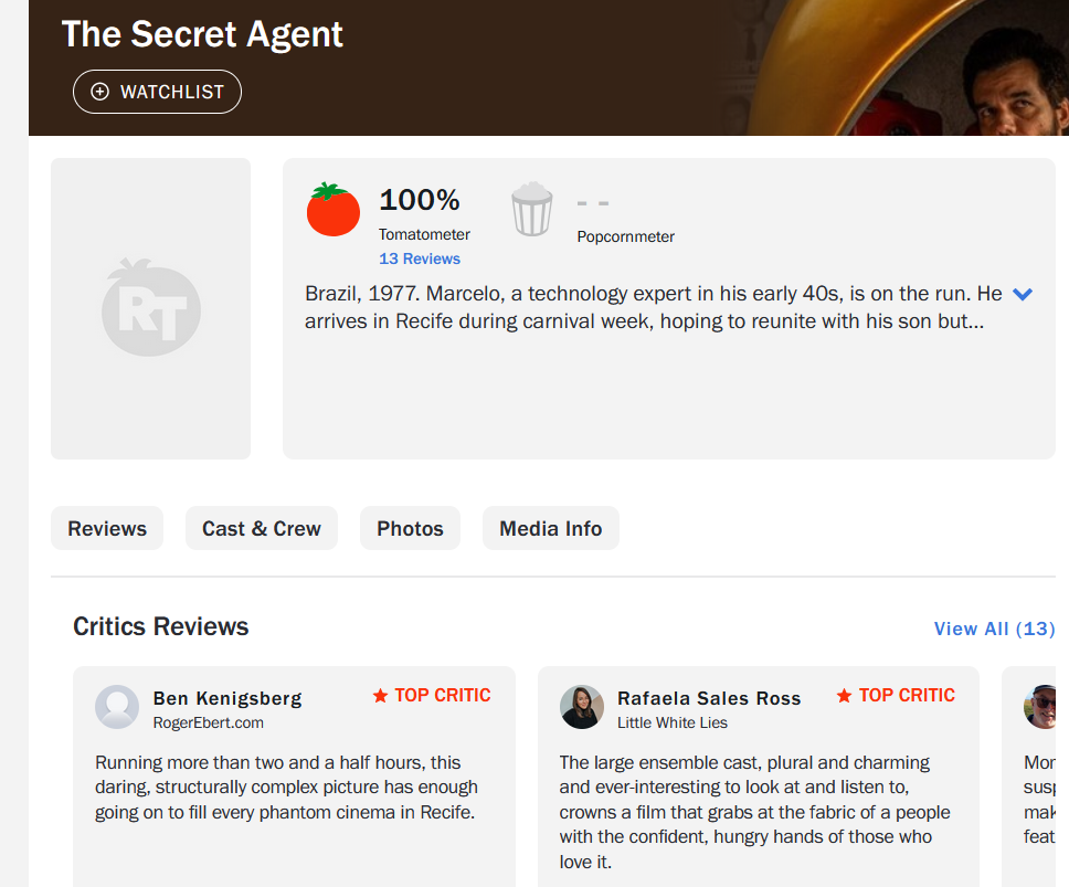 O Agente Secreto  - Cannes 2025 -  Kleber Mendonça Filho - Wagner Moura filme novo - crítica morna Rotten Tomatoes